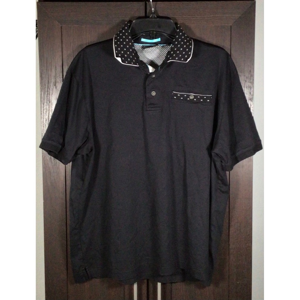 Paul Fredrick Mens Black Polo Shirt Short Sleeve Patterned Collar Pocket Large